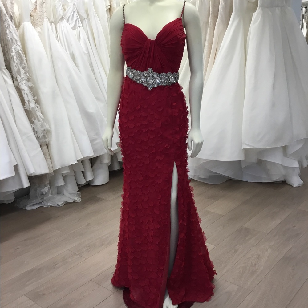 SAMPLE SALE! Tarik Ediz 92241 Red Floral Gown with Rhinestones